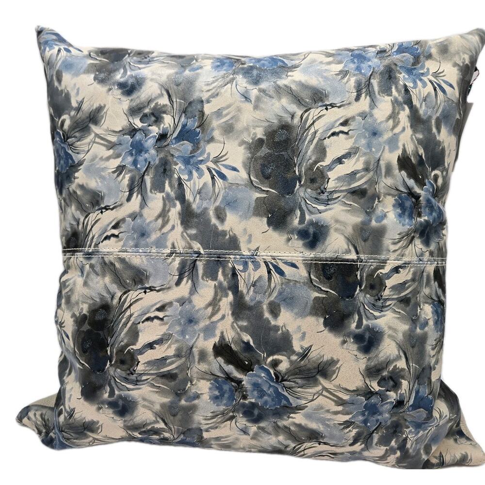 Garuglieri Firenze Blue & Gray Flowers Throw Leather Pillow 20” Made In Italy